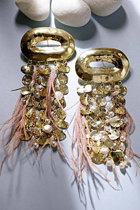 Shop_Bijoux By Priya Chandna_Gold Plated Pearls, Feathers Tassel Earrings _Online_at_Aza_Fashions