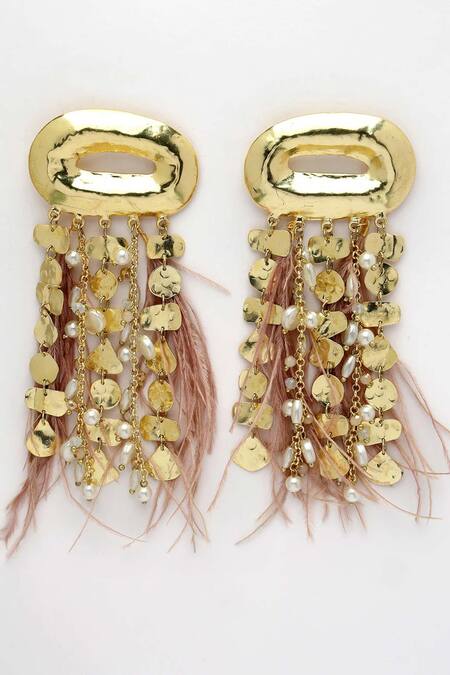 Bijoux By Priya Chandna_Gold Plated Pearls, Feathers Tassel Earrings _at_Aza_Fashions