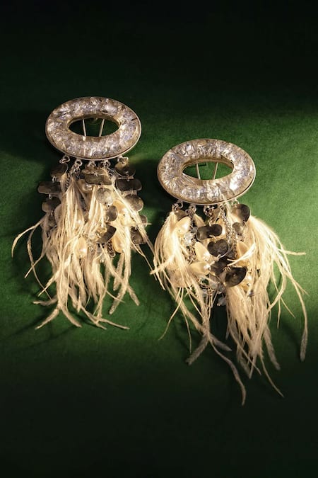 Shop_Bijoux By Priya Chandna_White Pearls, Feathers, Foil Printing Resin Tassel Earrings _at_Aza_Fashions