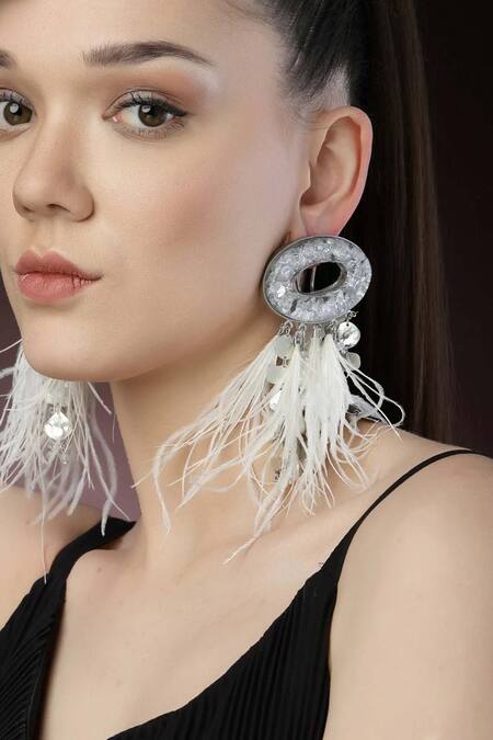 Bijoux By Priya Chandna_White Pearls, Feathers, Foil Printing Resin Tassel Earrings _Online_at_Aza_Fashions