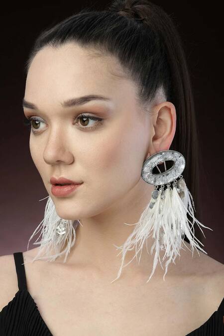 Buy_Bijoux By Priya Chandna_White Pearls, Feathers, Foil Printing Resin Tassel Earrings _Online_at_Aza_Fashions