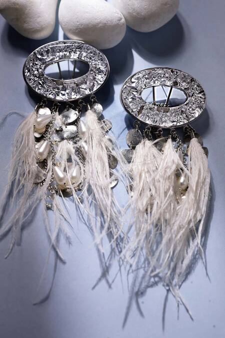 Shop_Bijoux By Priya Chandna_White Pearls, Feathers, Foil Printing Resin Tassel Earrings _Online_at_Aza_Fashions