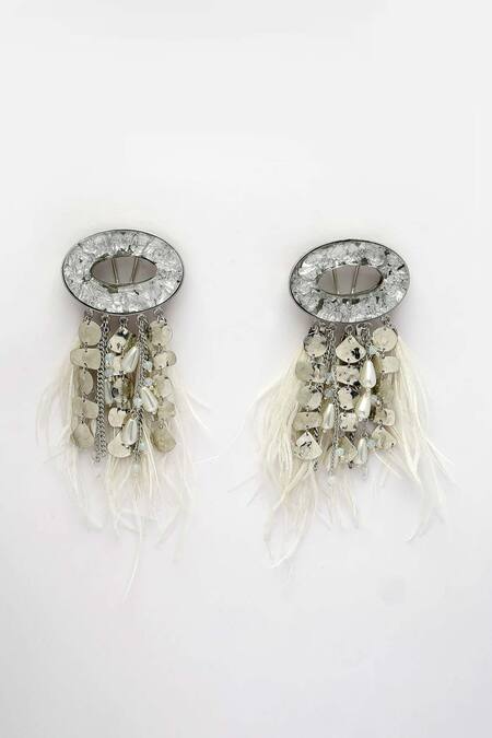 Bijoux By Priya Chandna_White Pearls, Feathers, Foil Printing Resin Tassel Earrings _at_Aza_Fashions