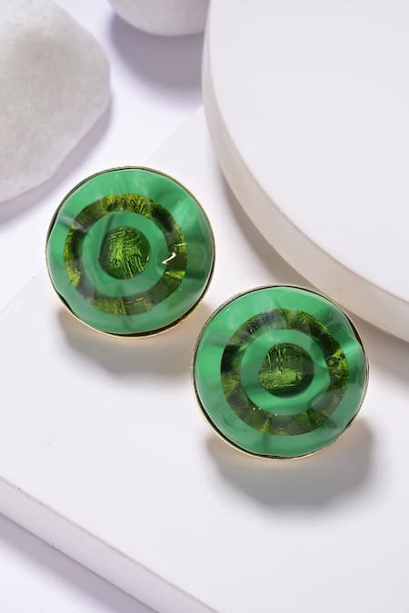 Shop_Bijoux By Priya Chandna_Green Foil Printing Resin Round Earrings _at_Aza_Fashions