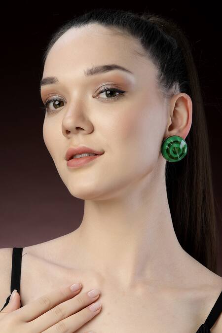 Bijoux By Priya Chandna_Green Foil Printing Resin Round Earrings _Online_at_Aza_Fashions