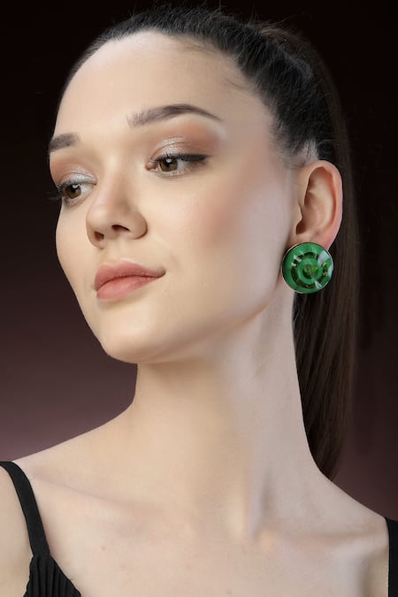 Buy_Bijoux By Priya Chandna_Green Foil Printing Resin Round Earrings _Online_at_Aza_Fashions