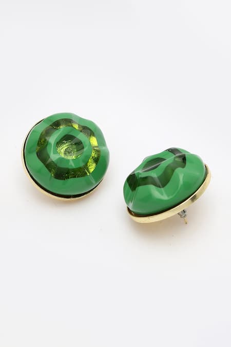 Shop_Bijoux By Priya Chandna_Green Foil Printing Resin Round Earrings _Online_at_Aza_Fashions