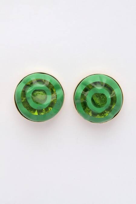 Bijoux By Priya Chandna_Green Foil Printing Resin Round Earrings _at_Aza_Fashions