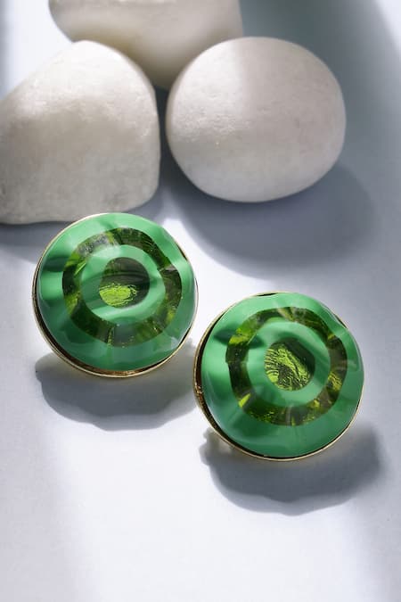 Buy_Bijoux By Priya Chandna_Green Foil Printing Resin Round Earrings 