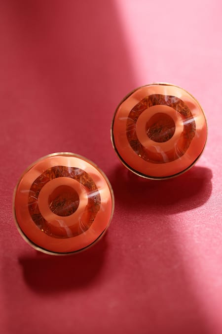 Shop_Bijoux By Priya Chandna_Orange Foil Printing Round Resin Earrings _at_Aza_Fashions
