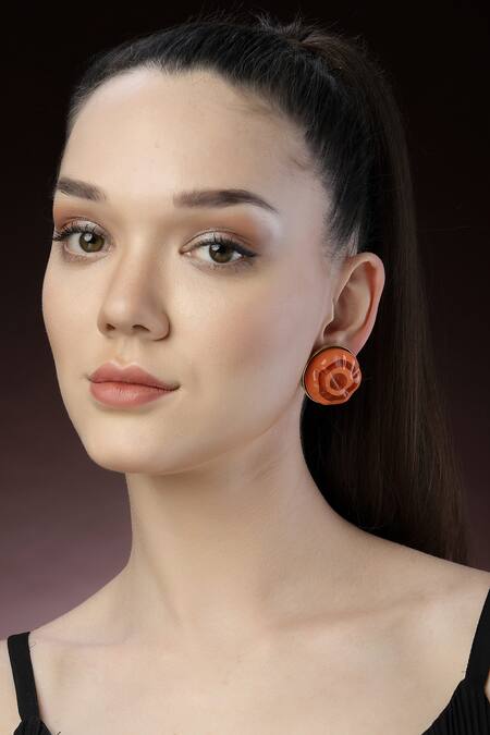 Bijoux By Priya Chandna_Orange Foil Printing Round Resin Earrings _Online_at_Aza_Fashions