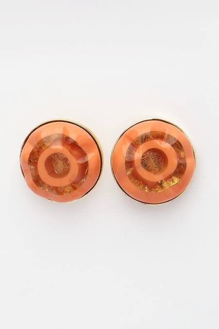 Shop_Bijoux By Priya Chandna_Orange Foil Printing Round Resin Earrings _Online_at_Aza_Fashions