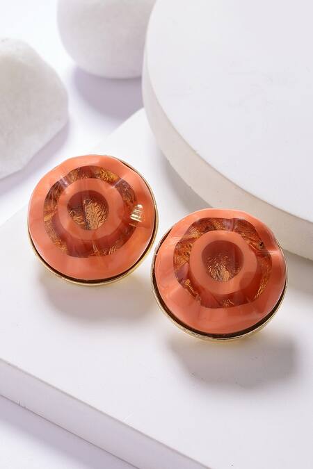 Bijoux By Priya Chandna_Orange Foil Printing Round Resin Earrings _at_Aza_Fashions