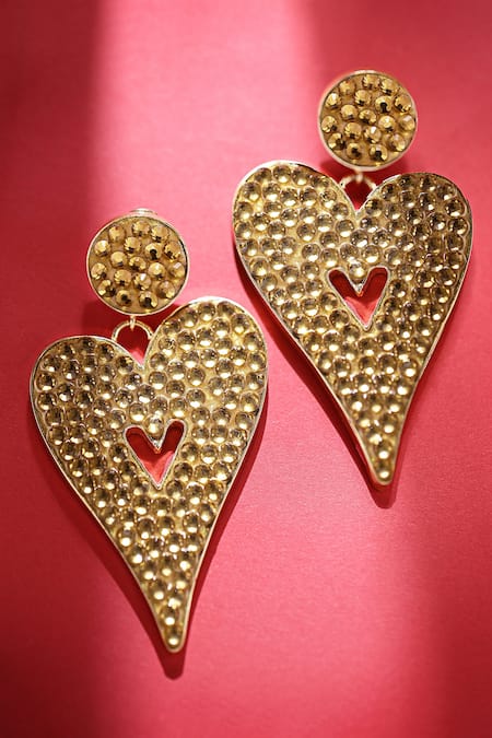 Shop_Bijoux By Priya Chandna_Gold Plated Crystals Embellished Heart Dangler Earrings _at_Aza_Fashions