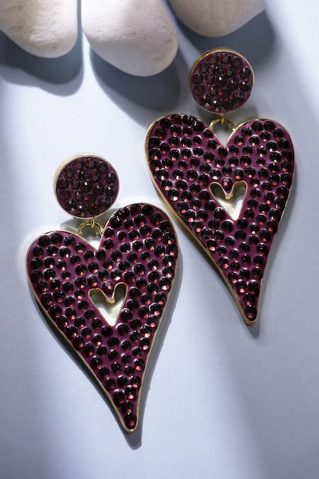 Shop_Bijoux By Priya Chandna_Purple Crystals Embellished Heart Dangler Earrings _at_Aza_Fashions
