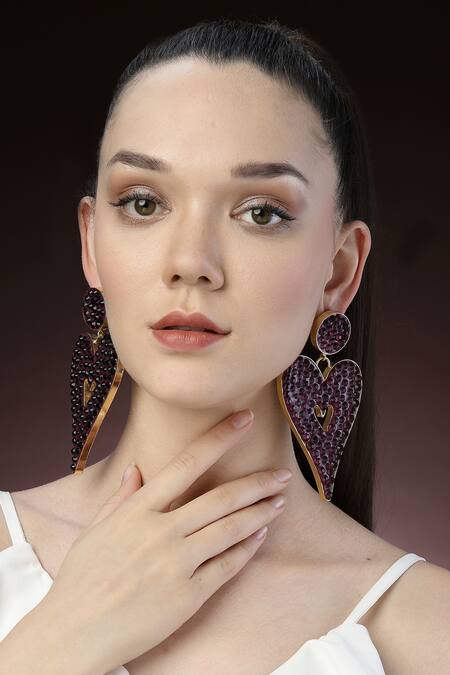 Bijoux By Priya Chandna_Purple Crystals Embellished Heart Dangler Earrings _Online_at_Aza_Fashions