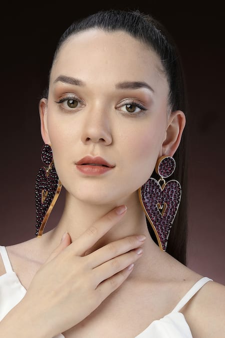Buy_Bijoux By Priya Chandna_Purple Crystals Embellished Heart Dangler Earrings _Online_at_Aza_Fashions