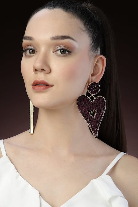 Shop_Bijoux By Priya Chandna_Purple Crystals Embellished Heart Dangler Earrings _Online_at_Aza_Fashions