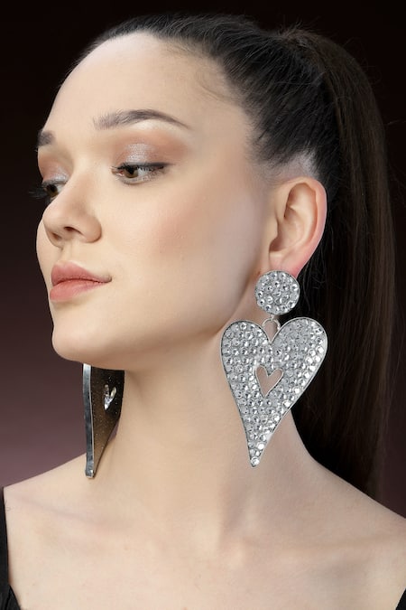 Bijoux By Priya Chandna Silver Plated Crystal Heart Shaped Dangler Earrings 