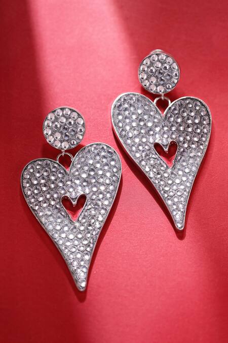 Shop_Bijoux By Priya Chandna_Silver Plated Crystals Heart Shaped Dangler Earrings _at_Aza_Fashions