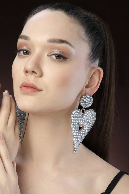 Buy_Bijoux By Priya Chandna_Silver Plated Crystals Heart Shaped Dangler Earrings _Online_at_Aza_Fashions