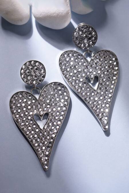 Shop_Bijoux By Priya Chandna_Silver Plated Crystals Heart Shaped Dangler Earrings _Online_at_Aza_Fashions