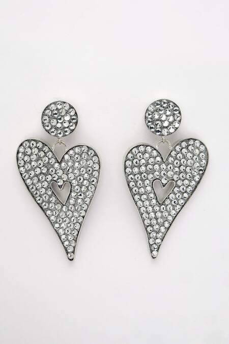 Bijoux By Priya Chandna_Silver Plated Crystals Heart Shaped Dangler Earrings _at_Aza_Fashions