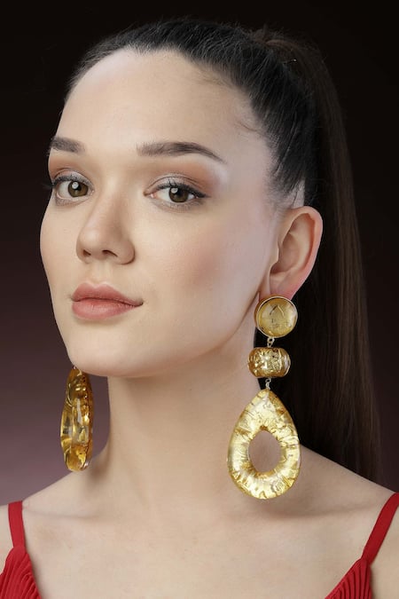 Bijoux By Priya Chandna Gold Plated Geometric Carved Drop Earrings 