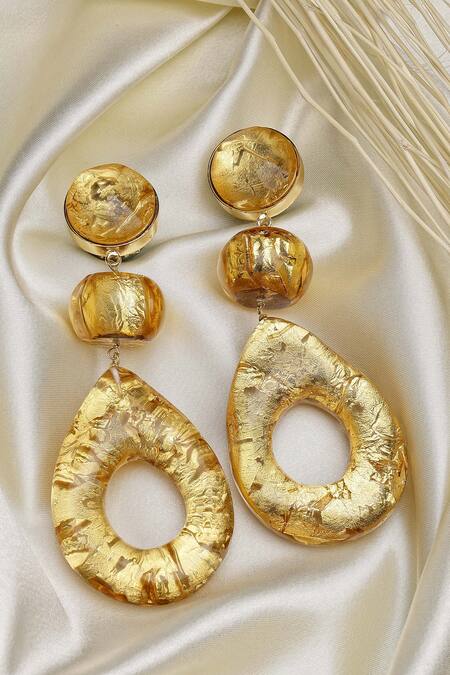 Shop_Bijoux By Priya Chandna_Gold Plated Beads Geometric Carved Drop Earrings _at_Aza_Fashions