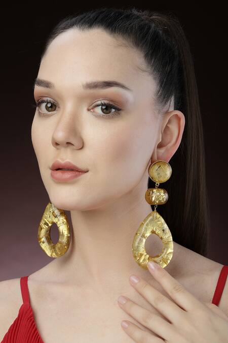 Bijoux By Priya Chandna_Gold Plated Beads Geometric Carved Drop Earrings _Online_at_Aza_Fashions