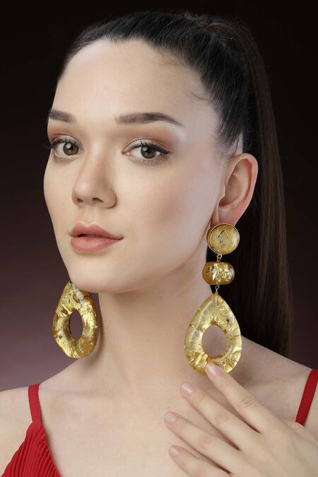 Buy_Bijoux By Priya Chandna_Gold Plated Beads Geometric Carved Drop Earrings _Online_at_Aza_Fashions
