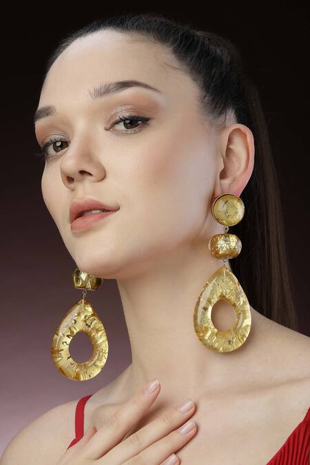 Shop_Bijoux By Priya Chandna_Gold Plated Beads Geometric Carved Drop Earrings _Online_at_Aza_Fashions