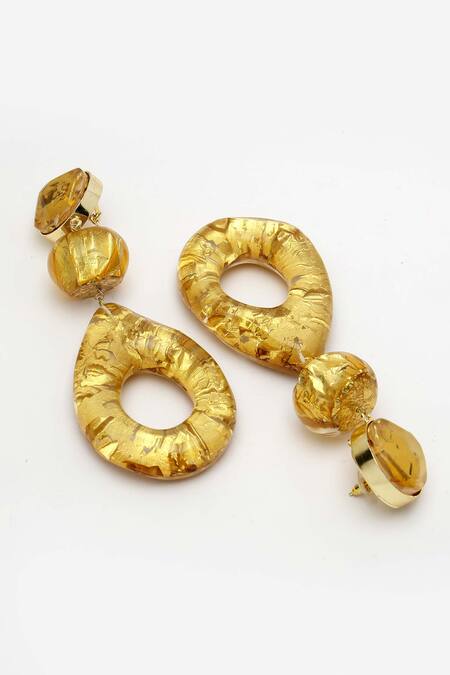 Bijoux By Priya Chandna_Gold Plated Beads Geometric Carved Drop Earrings _at_Aza_Fashions
