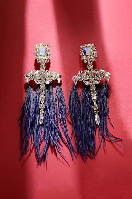 Shop_Bijoux By Priya Chandna_Silver Plated Crystals, Feathers Embellished Dangler Earrings _at_Aza_Fashions
