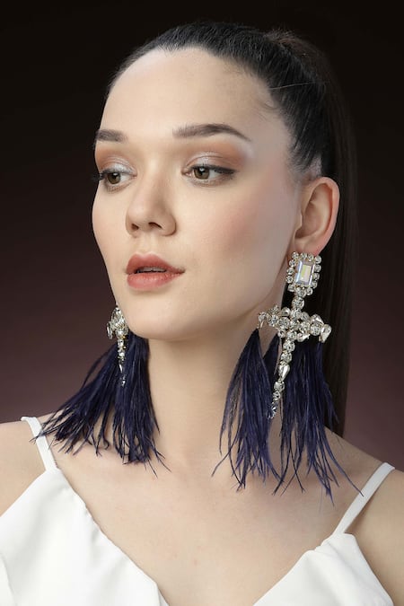 Bijoux By Priya Chandna_Silver Plated Crystals, Feathers Embellished Dangler Earrings _Online_at_Aza_Fashions