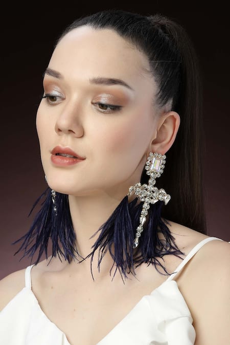 Buy_Bijoux By Priya Chandna_Silver Plated Crystals, Feathers Embellished Dangler Earrings _Online_at_Aza_Fashions