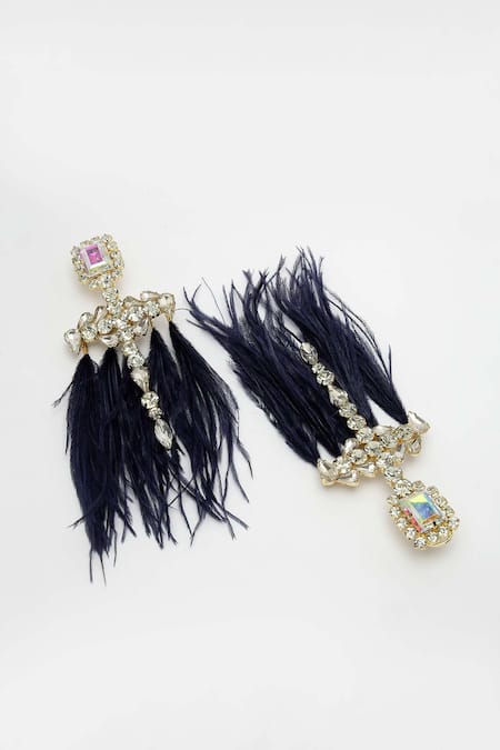 Shop_Bijoux By Priya Chandna_Silver Plated Crystals, Feathers Embellished Dangler Earrings _Online_at_Aza_Fashions