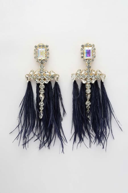 Bijoux By Priya Chandna_Silver Plated Crystals, Feathers Embellished Dangler Earrings _at_Aza_Fashions