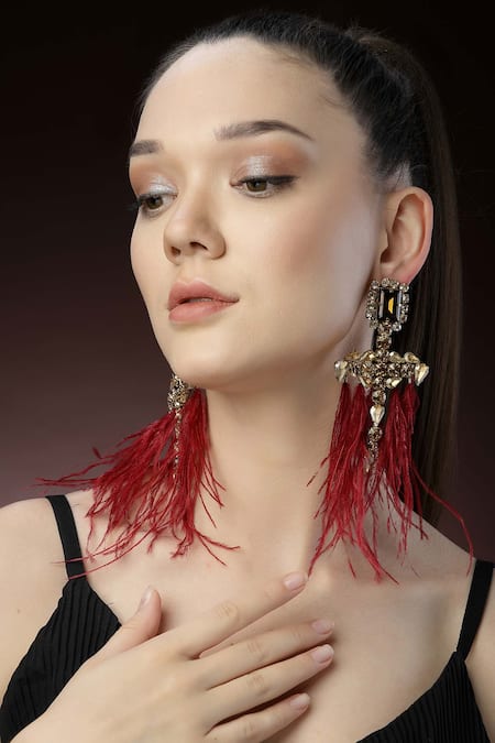 Bijoux By Priya Chandna Gold Plated Crystal Feather Dangler Earrings 