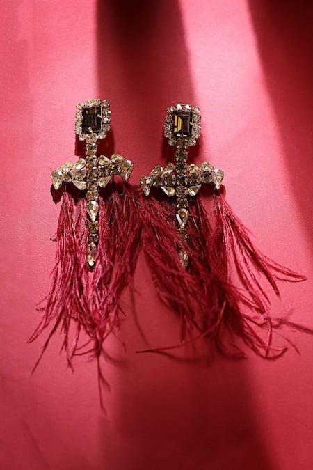 Shop_Bijoux By Priya Chandna_Gold Plated Crystals, Feathers Dangler Earrings _at_Aza_Fashions
