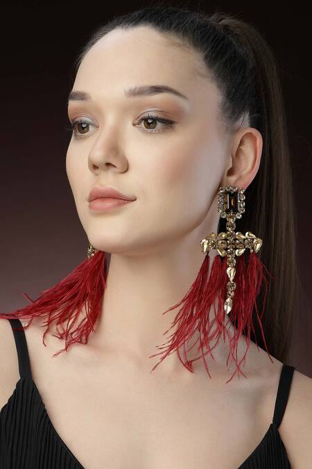 Buy_Bijoux By Priya Chandna_Gold Plated Crystals, Feathers Dangler Earrings _Online_at_Aza_Fashions