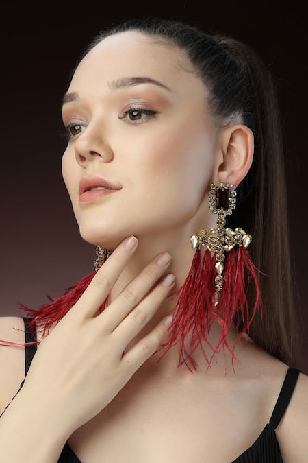 Shop_Bijoux By Priya Chandna_Gold Plated Crystals, Feathers Dangler Earrings _Online_at_Aza_Fashions