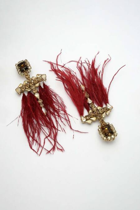 Bijoux By Priya Chandna_Gold Plated Crystals, Feathers Dangler Earrings _at_Aza_Fashions
