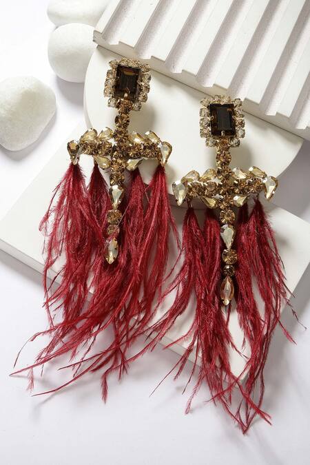 Shop_Bijoux By Priya Chandna_Gold Plated Crystals, Feathers Dangler Earrings 