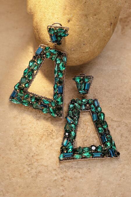 Shop_Bijoux By Priya Chandna_Green Crystals Trapezoidal Open Frame Earrings _at_Aza_Fashions