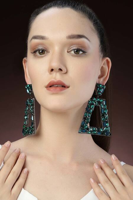 Buy_Bijoux By Priya Chandna_Green Crystals Trapezoidal Open Frame Earrings _Online_at_Aza_Fashions
