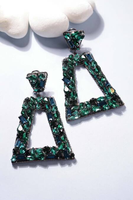 Shop_Bijoux By Priya Chandna_Green Crystals Trapezoidal Open Frame Earrings _Online_at_Aza_Fashions