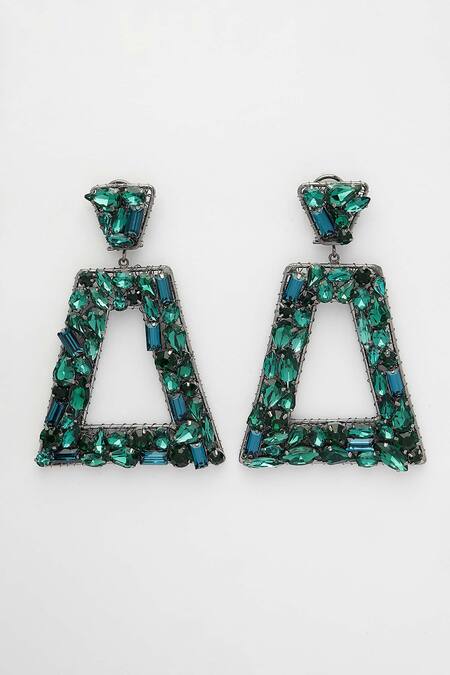 Bijoux By Priya Chandna_Green Crystals Trapezoidal Open Frame Earrings _at_Aza_Fashions