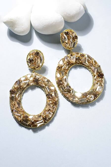 Shop_Bijoux By Priya Chandna_Gold Plated Crystals Embellished Hoop Earrings _Online_at_Aza_Fashions