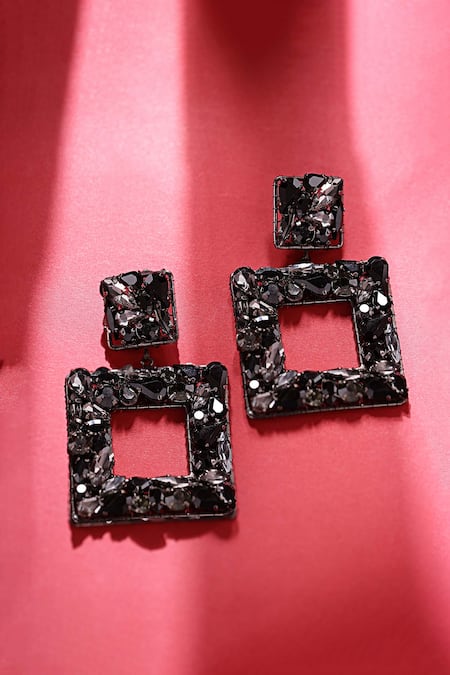 Shop_Bijoux By Priya Chandna_Black Crystals Square Motif Carved Earrings _at_Aza_Fashions